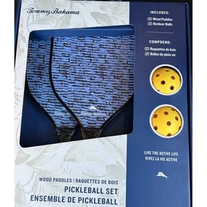 NEW Tommy Bahama Pickleball Set‎ 2 Blue Wood Paddles 2 Yellow Game Balls NIB